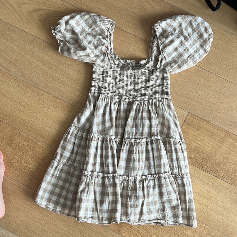 Peixoto puff sleeve mini dress in tan gingham